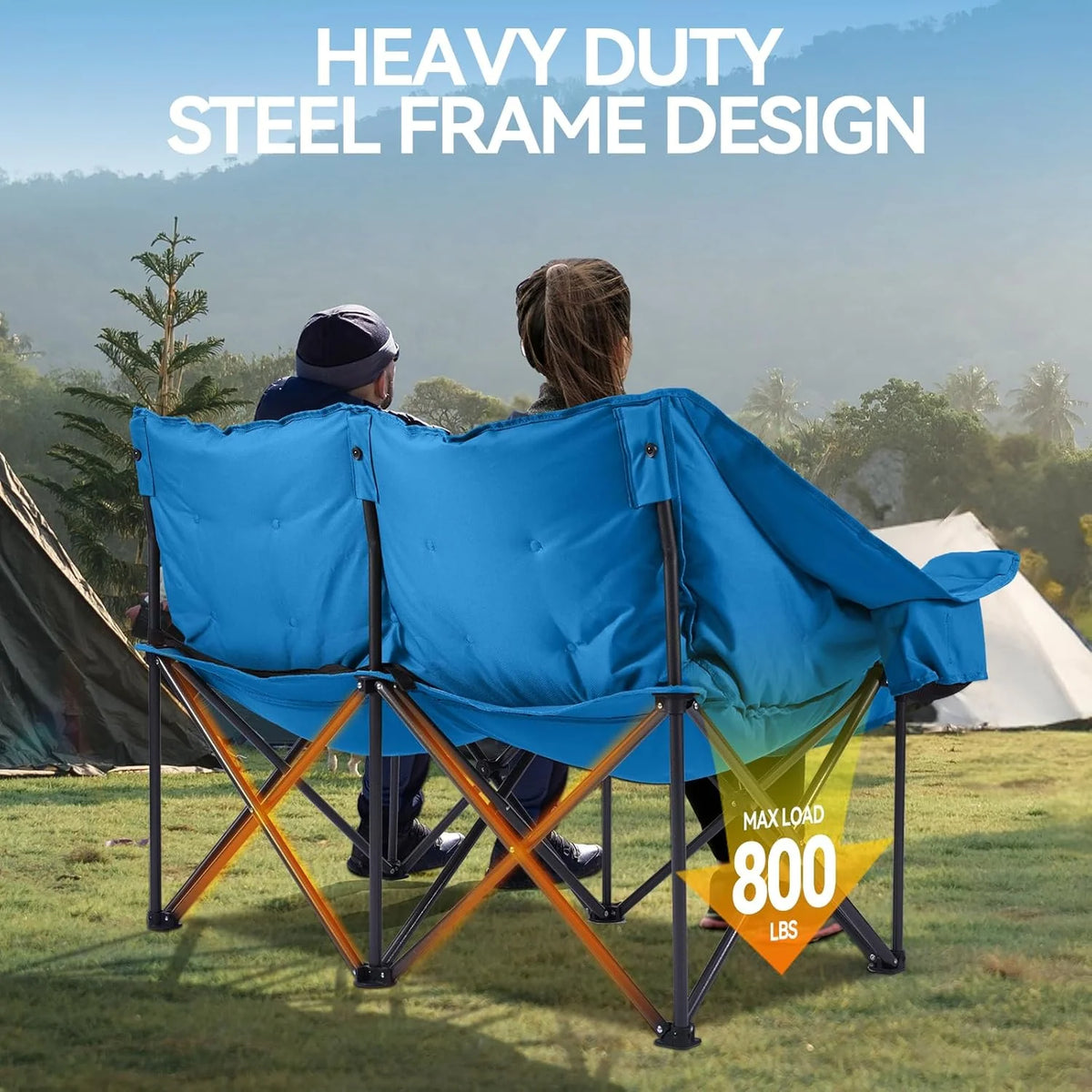 Camping Chair Upholstered Loveseat - Heavy Duty Extra Large Camping Sofa Portable Folding Sofa with Cup Holder and Carry Bag