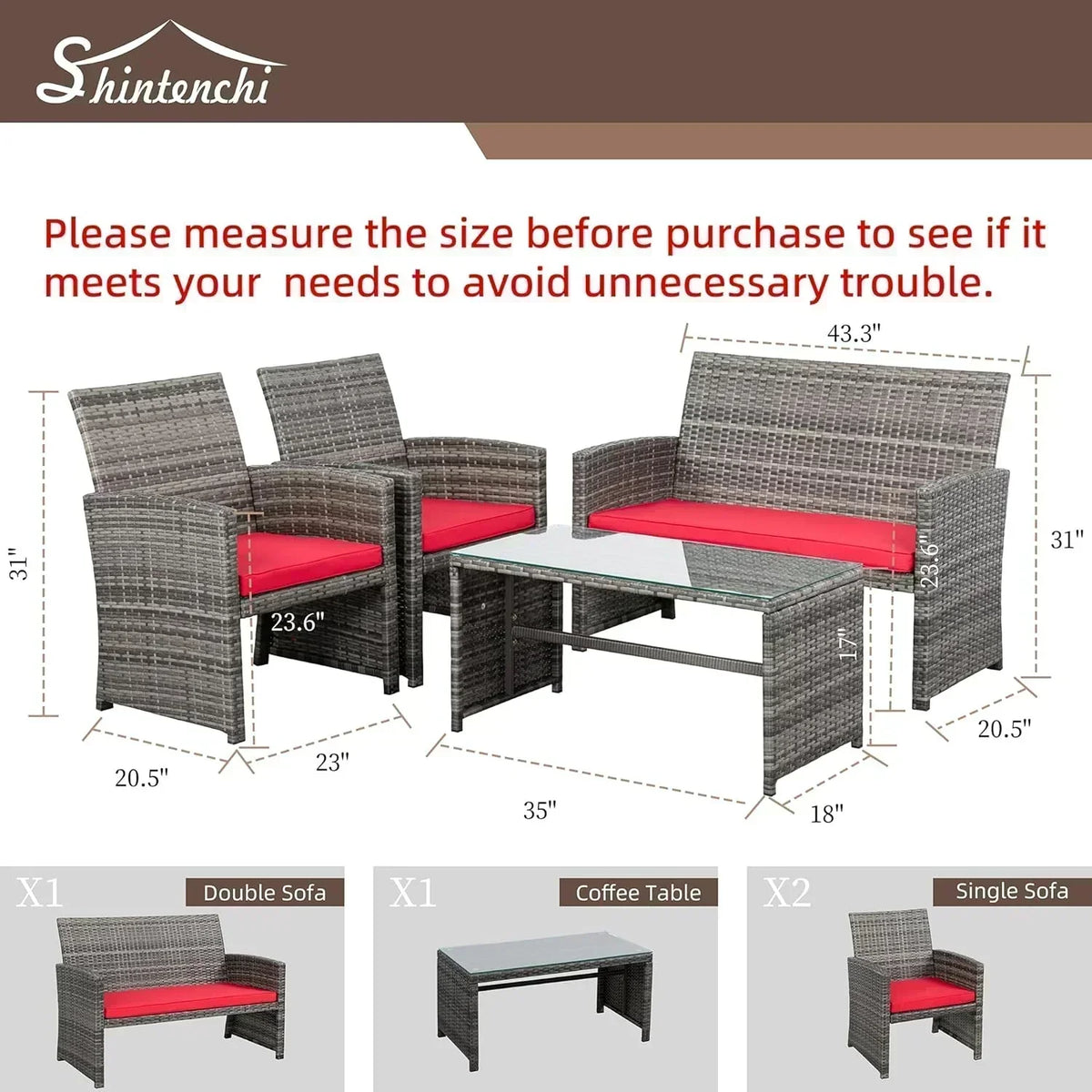 Shintenchi 4 Piece Patio Ratten Set Outdoor Furniture Set Wicker Conversation Set