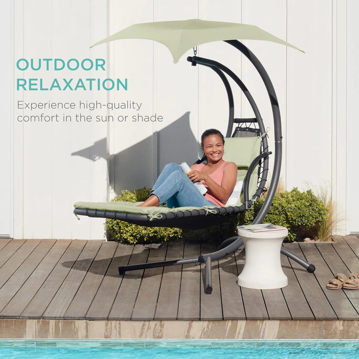 Best Choice Products Outdoor Hanging Curved Steel Chaise Lounge Chair Swing w/Built-in Pillow and Removable Canopy - Teal