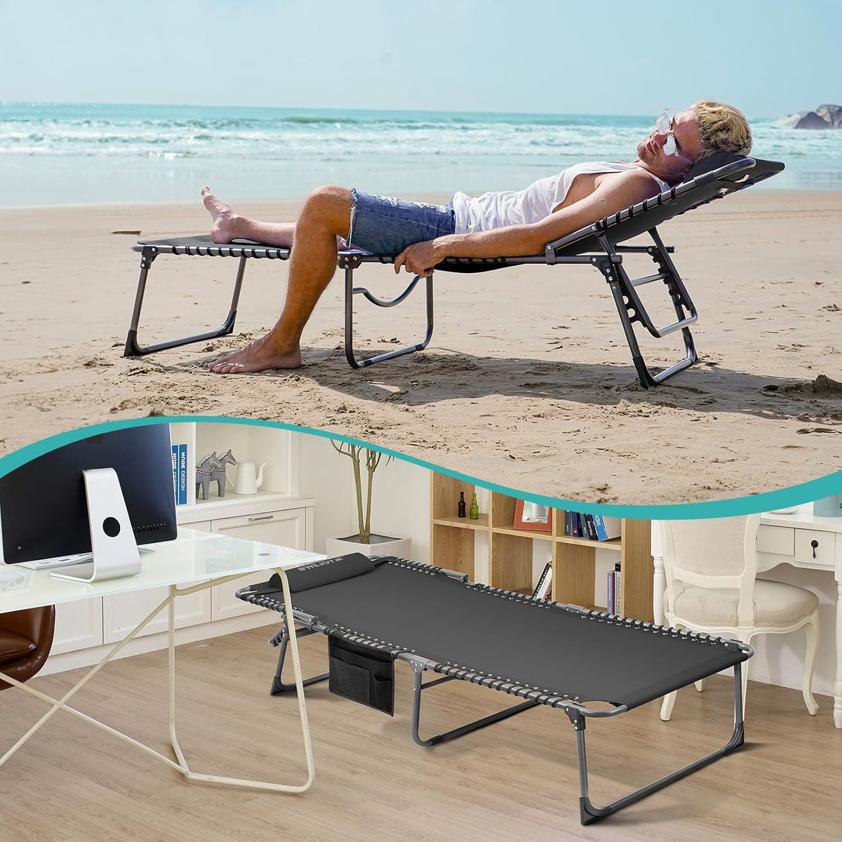 2 Pack Outdoor Chaise Lounge Chair - Portable Folding Patio Pool Lounge Chair, 5 Positions Adjustable Reclining Camping Chair with Side Table,Shoulder Strap, Pillow for Beach Sunbathing Lawn