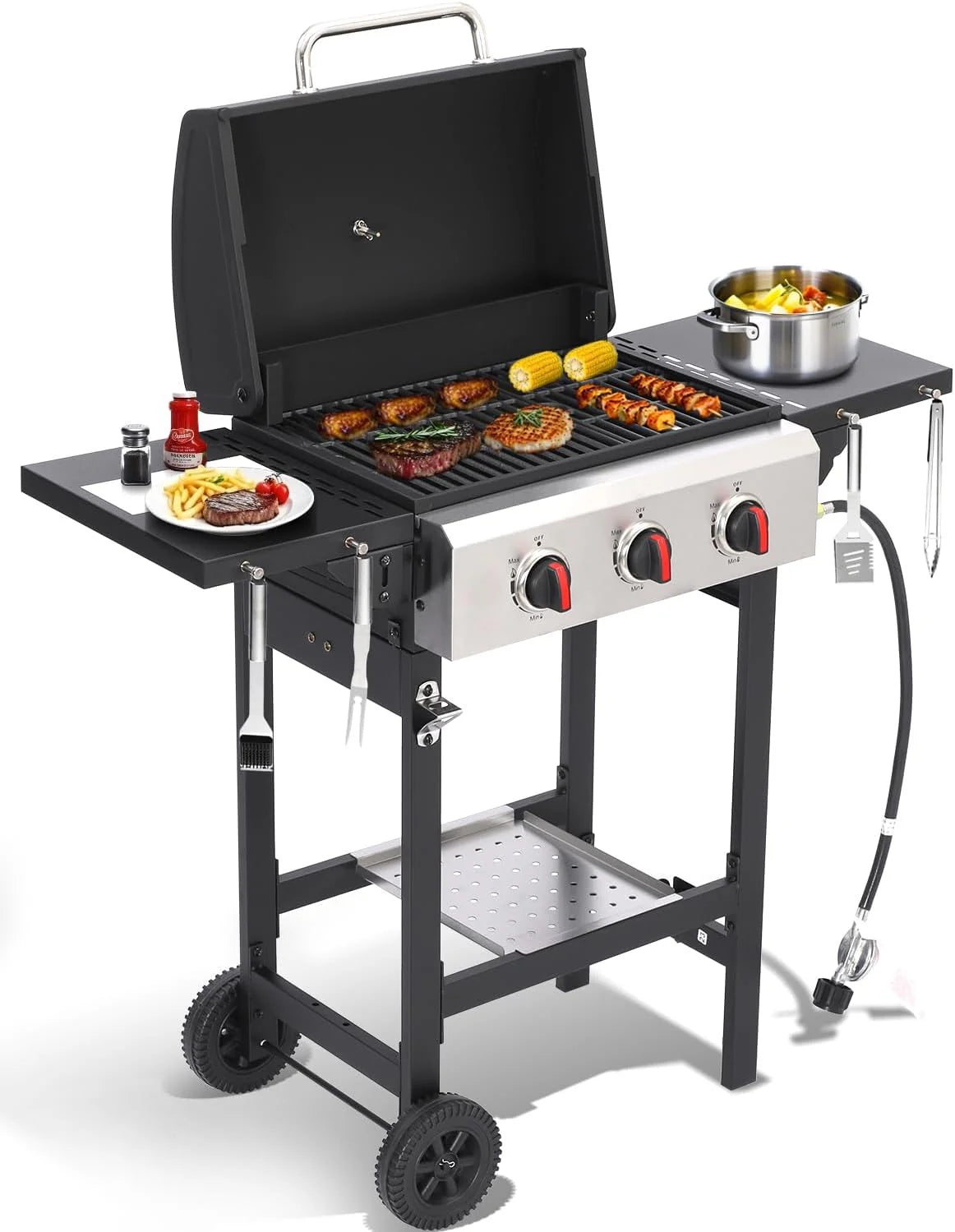 Propane Gas Grill with Folding Side Tables 3-Burner Gas Grill Outdoor BBQ Grill Portable