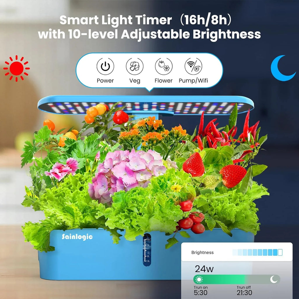 Sainlogic Hydroponics Growing System Kit, 12 Pods Watering Planter, Smart Indoor Garden with APP & WiFi Connected, 5 X Growth with 24W LED, Quiet Pump, for Vegetables, Herbs and Flowers
