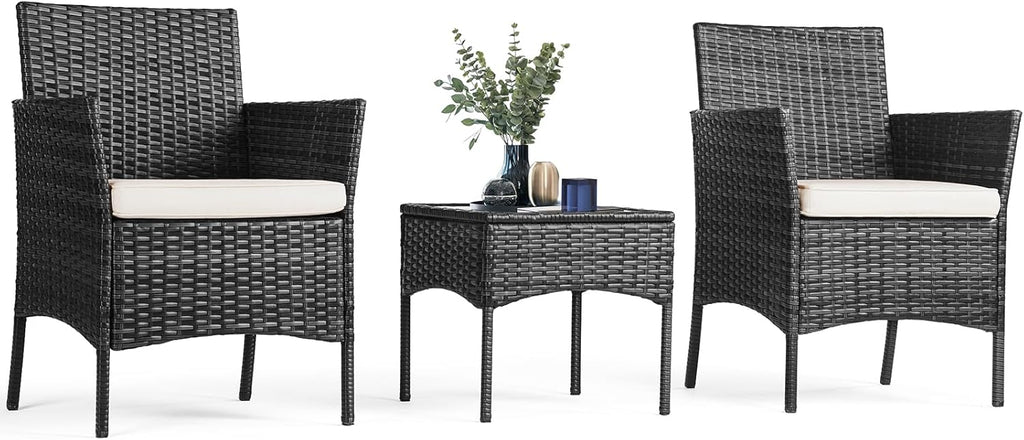Sweetcripy Patio Furniture Set 3 Pieces, Outdoor Furniture with Soft Cushion and Glass Table, All Weather Manual Weaving Wicker Rattan Patio Chairs for Garden, Terrace, Porch(Black and Beige)