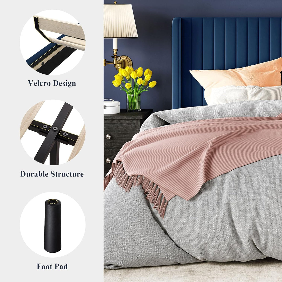 Allewie Full Size Velvet Bed Frame Vertical Channel Tufted Wingback Headboard Upholstered Bed