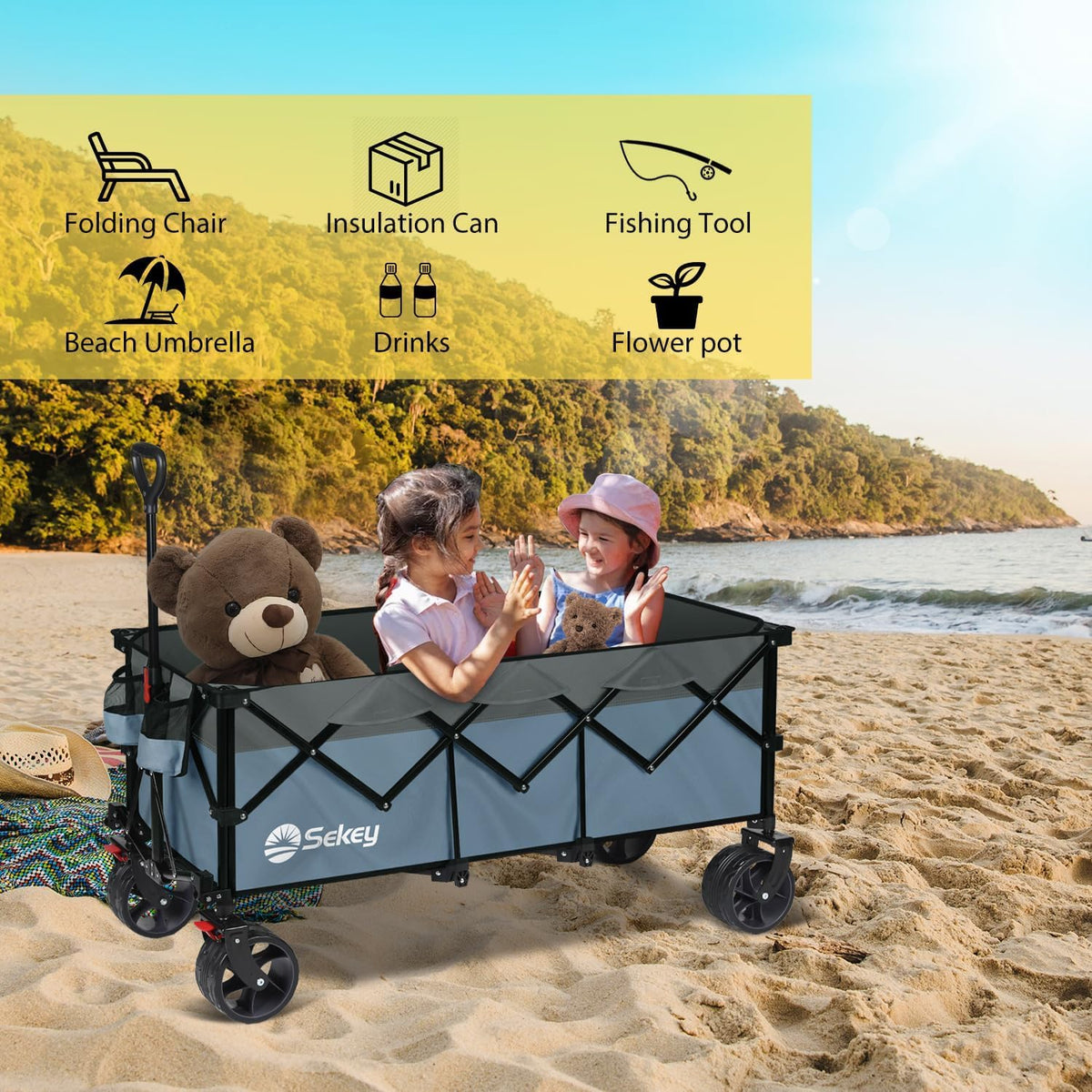 Sekey 48 Inch Long Foldable Extended Travel Cart, 440 Lbs Load Capacity, Heavy Duty 300 Liter Folding Multi-Purpose Garden Cart