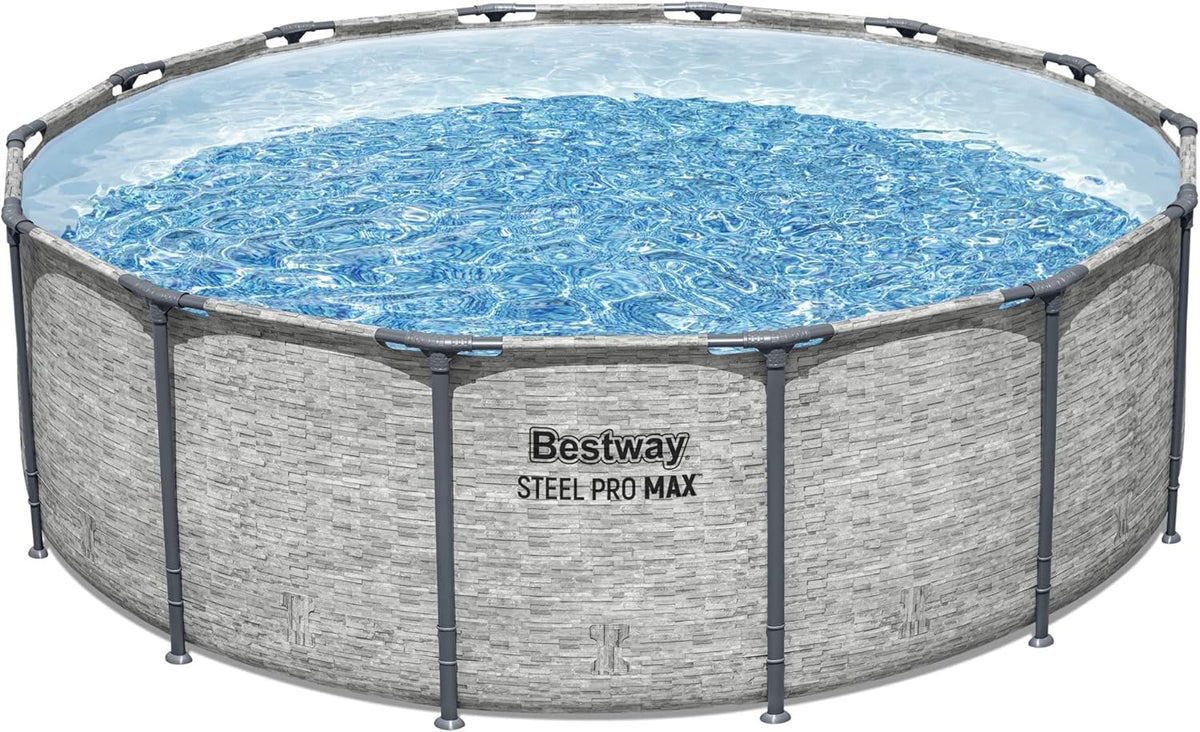 Steel Pro MAX 14 Foot x 48 Inch Round Metal Frame Above Ground Outdoor Swimming Pool Set with 1,000 Filter Pump, Ladder, and Cover, Gray