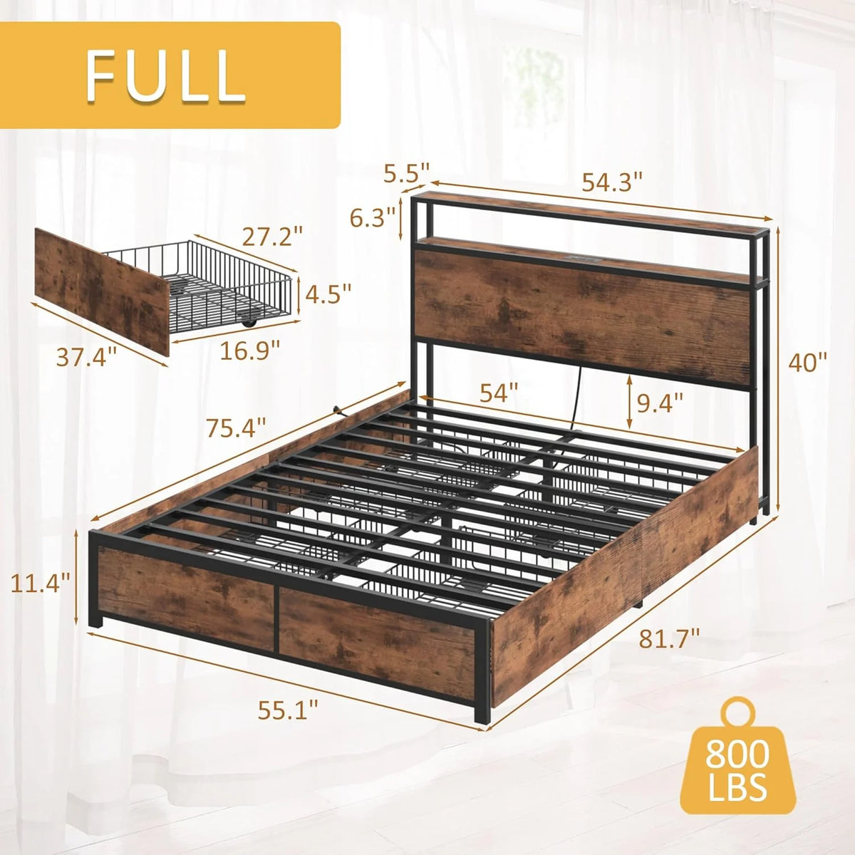 Lifezone Queen Bed Frame with 2-Tier Storage Headboard, Metal Platform Bed Frame with 4 Storage Drawers, Built in Charging Station & LED, Noise-Free/Metal Support/No Box Spring Needed