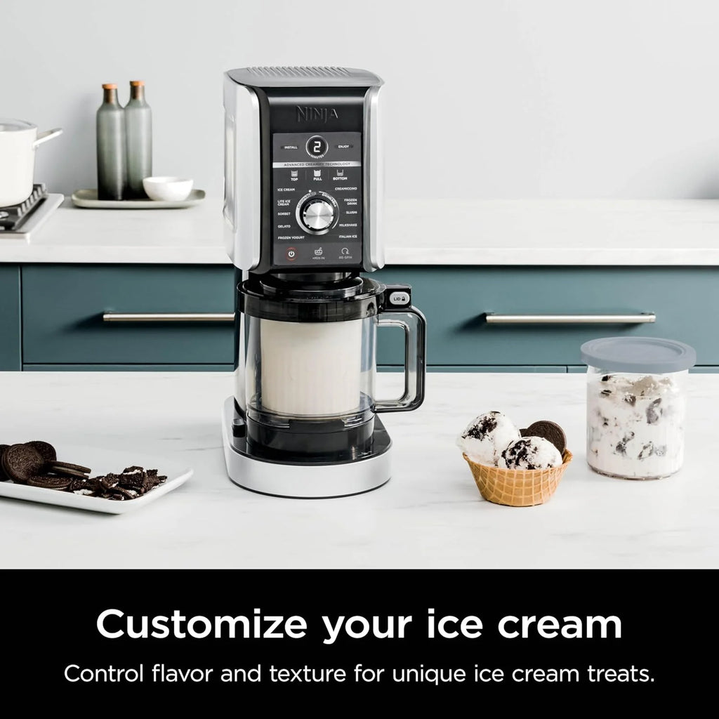 Ninja NC301 CREAMi Ice Cream Maker, for Gelato, Mix-ins, Milkshakes, Sorbet, Smoothie Bowls & More, 7 One-Touch Programs, with (2) Pint Containers & Lids, Compact Size, Perfect for Kids, Silver
