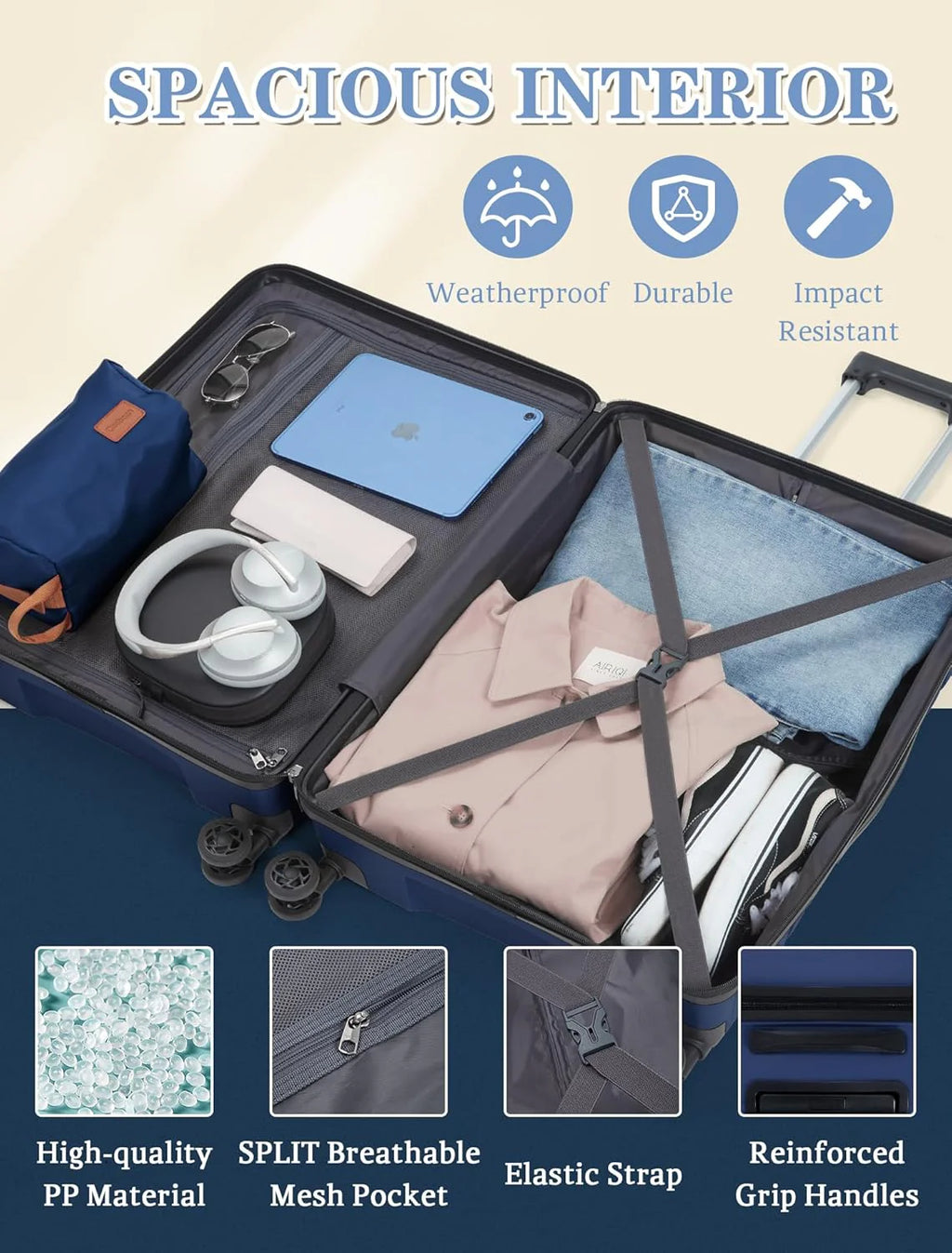 5-piece luggage set with wheels, ABS hardshell suitcase with spinner wheels