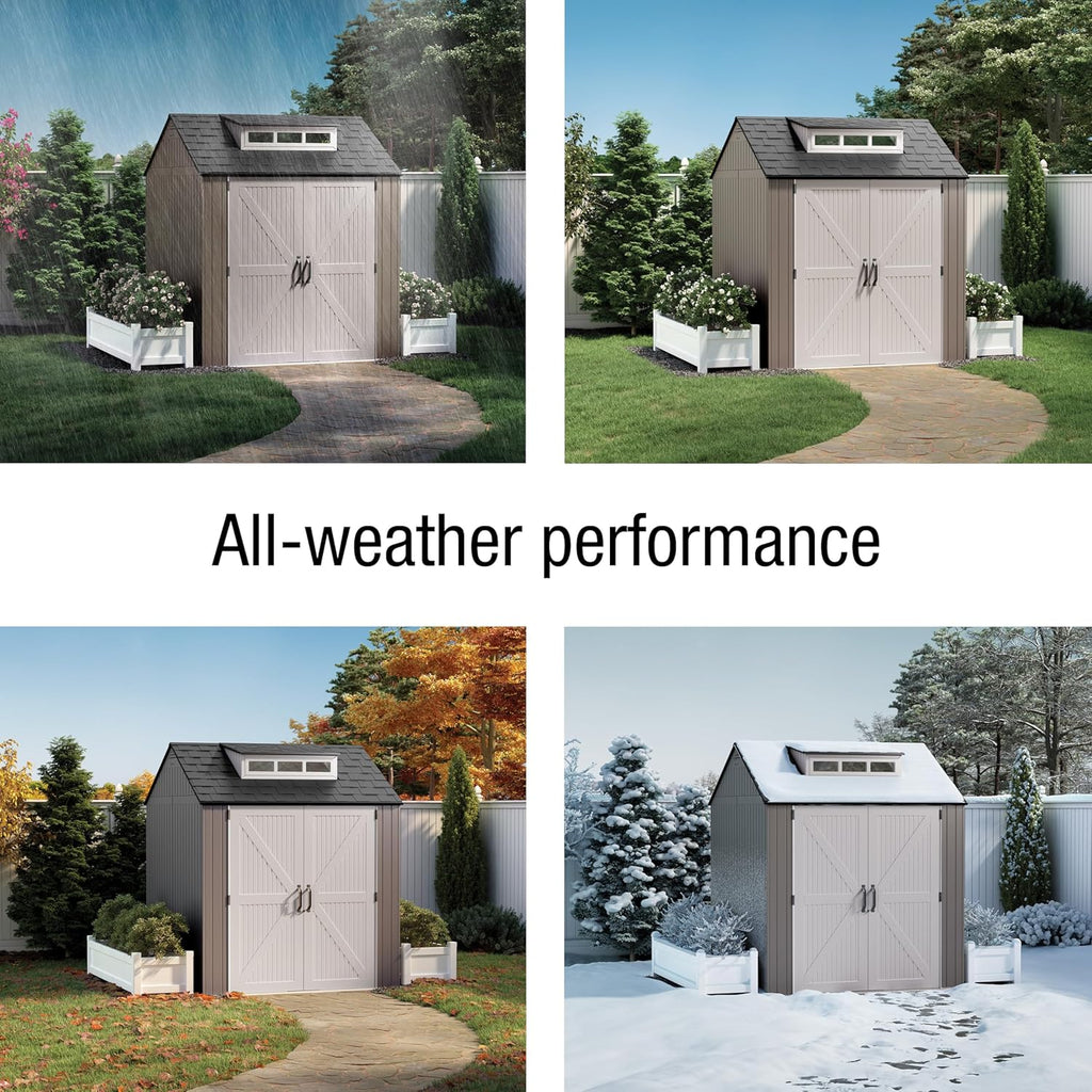 Rubbermaid Resin Outdoor Storage Shed With Floor (7 x 7 Ft) Weather Resistant Gray Organization for Home/Backyard/Garden Tools/Lawn Mower/Bike Storage/Pool Supplies