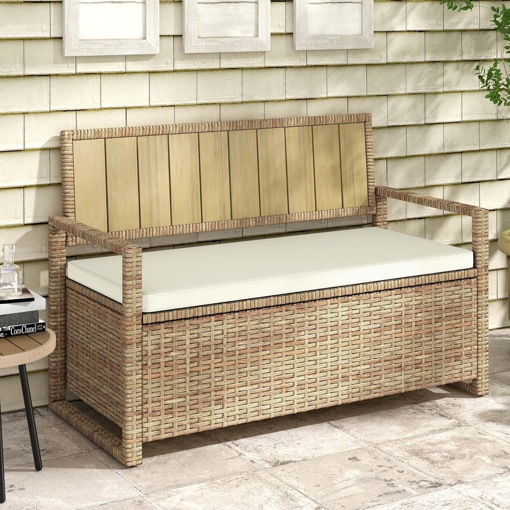 DWVO 70Gal Outdoor Storage Bench with Cushion & Composite Wood Backrest, All-Weather Wicker Deck Bench with Rustproof Bag, Poolside, Patio, Garden (Sand Beige)