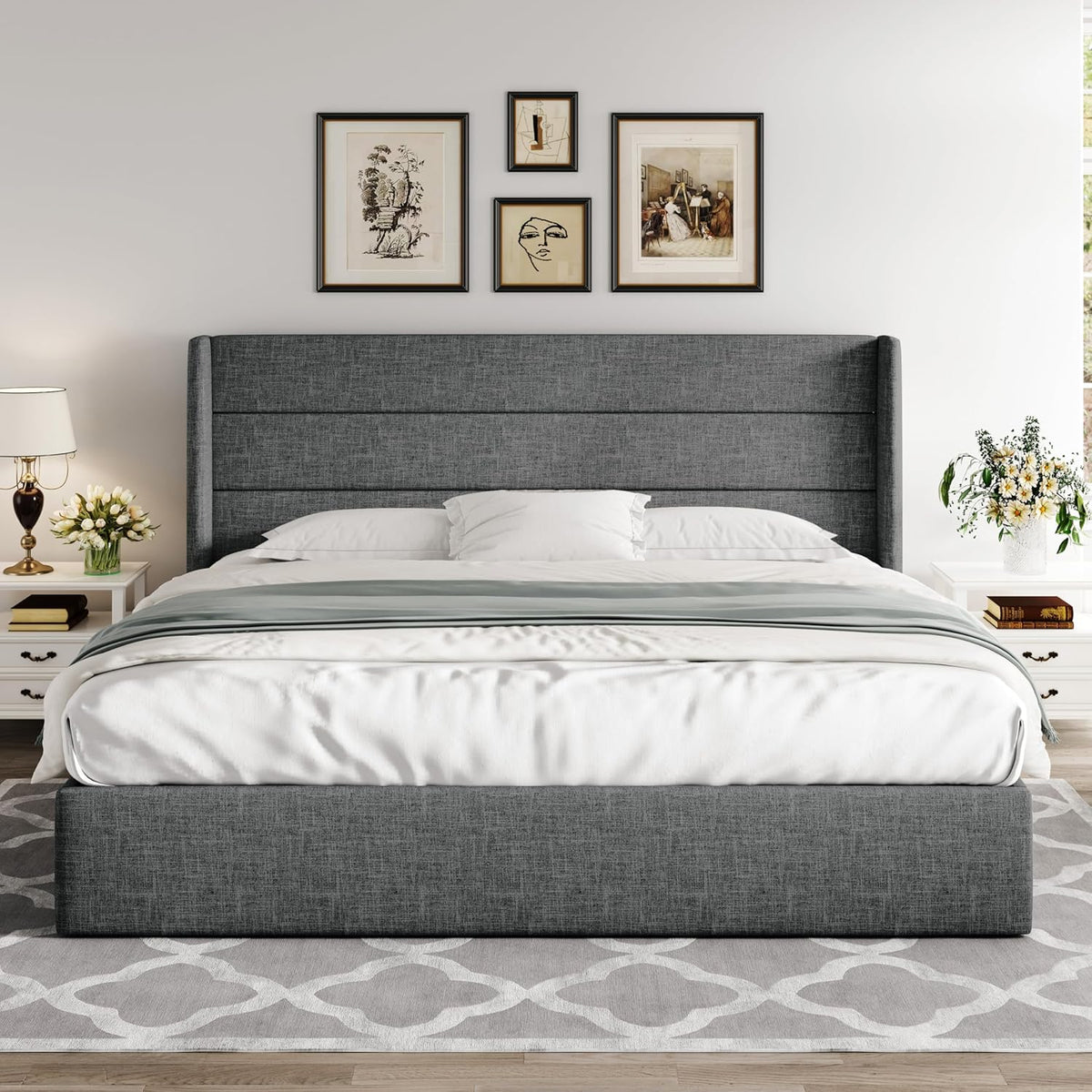 Allewie Queen Size Lift Up Storage Bed Modern Wingback Headboard Hydraulic Support