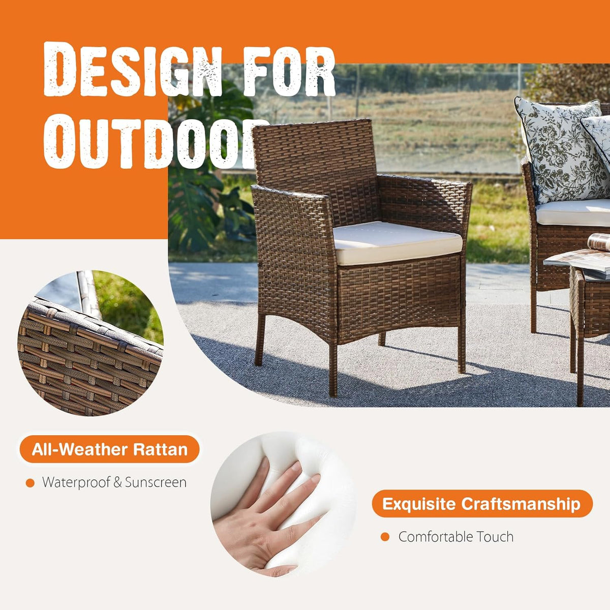 Sweetcripy Patio Furniture Set 3 Pieces, Outdoor Furniture with Soft Cushion and Glass Table, All Weather Manual Weaving Wicker Rattan Patio Chairs for Garden, Terrace, Porch(Black and Beige)