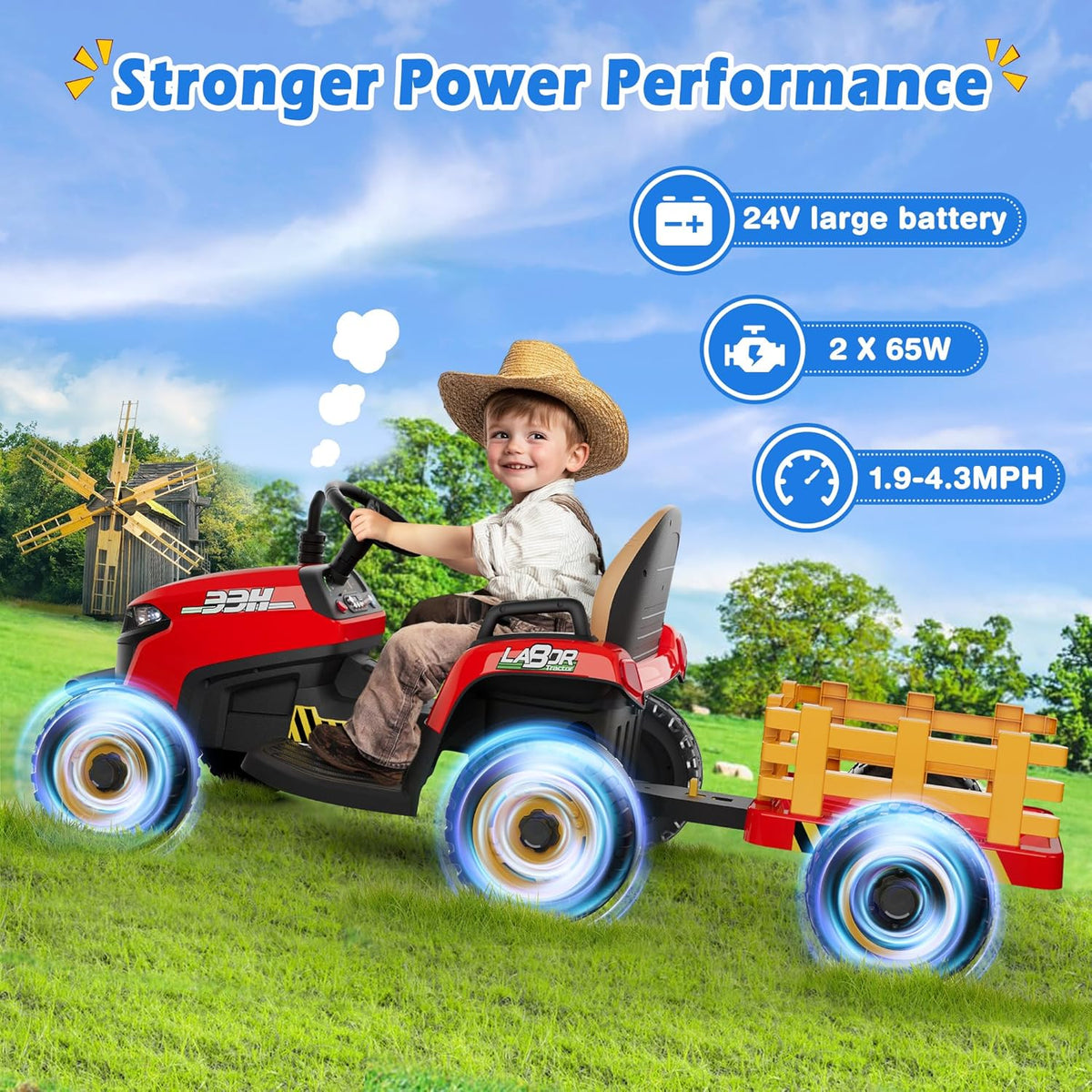 24V Ride On Tractor Tiltable Detachable Trailer 2x65W Motors EVA Tires Remote Control