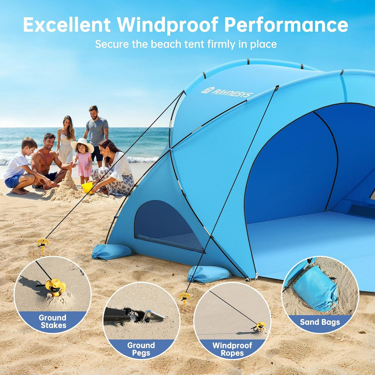 Beach Tent Sun Shelter, Beach Shade Tent with UPF50+ UV Protection, Beach Sun Shelter, Beach Shade with 2 Zippered Doors, Portable Beach Tent for Beach Camping Fishing