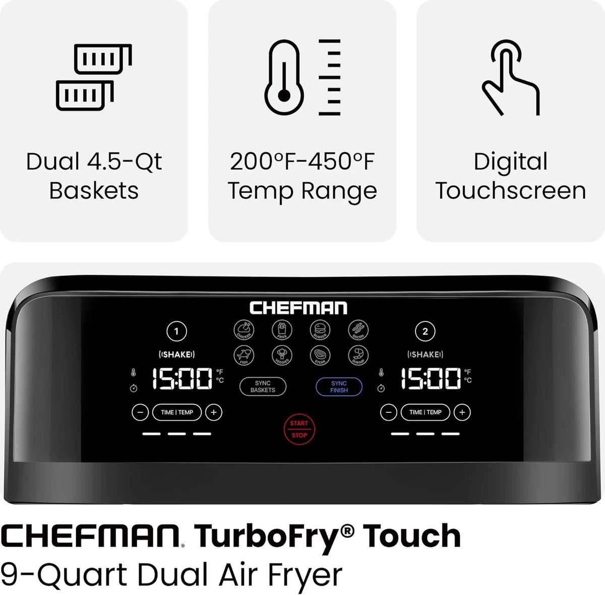 Chefman 6 Quart Dual Basket Air Fryer - Digital Touchscreen, Smart Sync Finish, Hi-Fry, Auto Shutoff, 2 Independent 3QT Nonstick Dishwasher-Safe Frying Baskets - Digital Double Air Fryer - Black