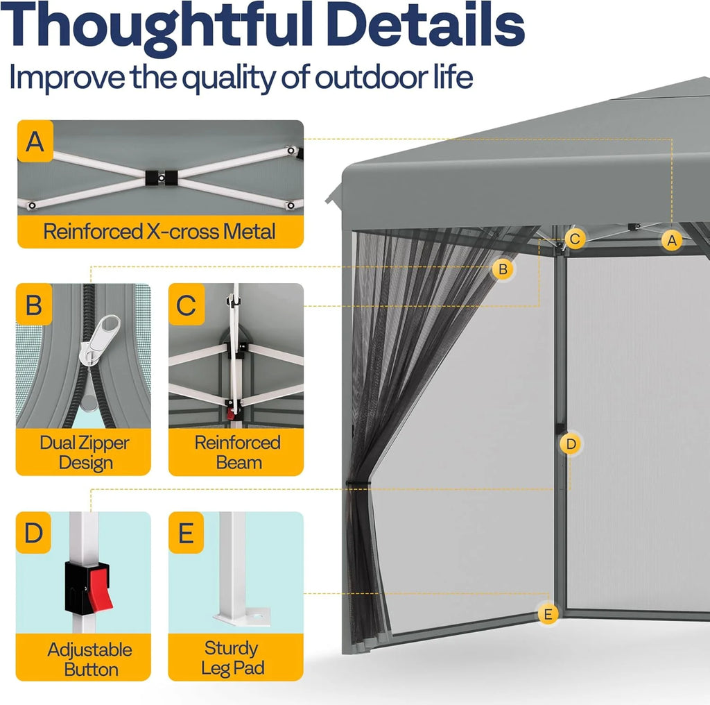 10x10ft Easy Pop-Up Canopy, Outdoor Screen Tent with Mosquito Netting, 2 Zipper Doors, and Roller Bag for Yard Camping Picnic Party Events, Beige