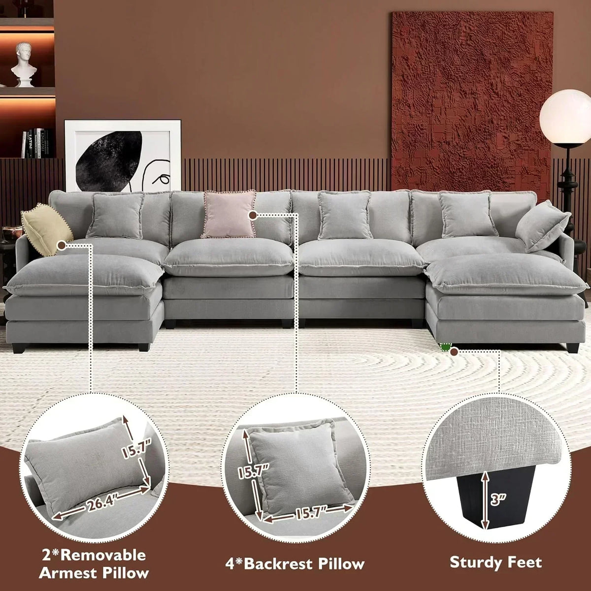111.4 Inch L Shaped Modern Sofa Modular Cloud Sofa with Ottoman 4 Seater Chenille Deep Seat Sofa