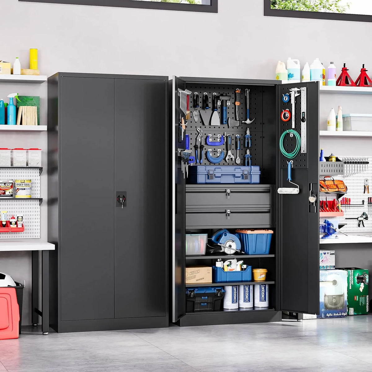 Yizosh Metal Garage Storage Cabinet with Locking Doors and 2 Drawers, Heavy Duty Steel Tool Cabinet with Pegboard, 71 - Lockable Cabinets for Garage, Warehouse, Basement (Black)