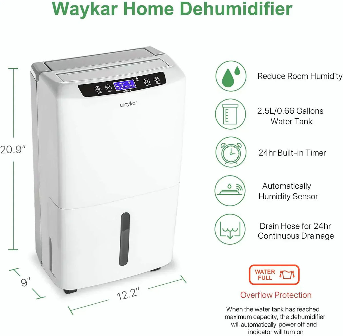 Waykar 2000 Sq Ft Dehumidifier for Home and Basements with Auto or Manual Drainage