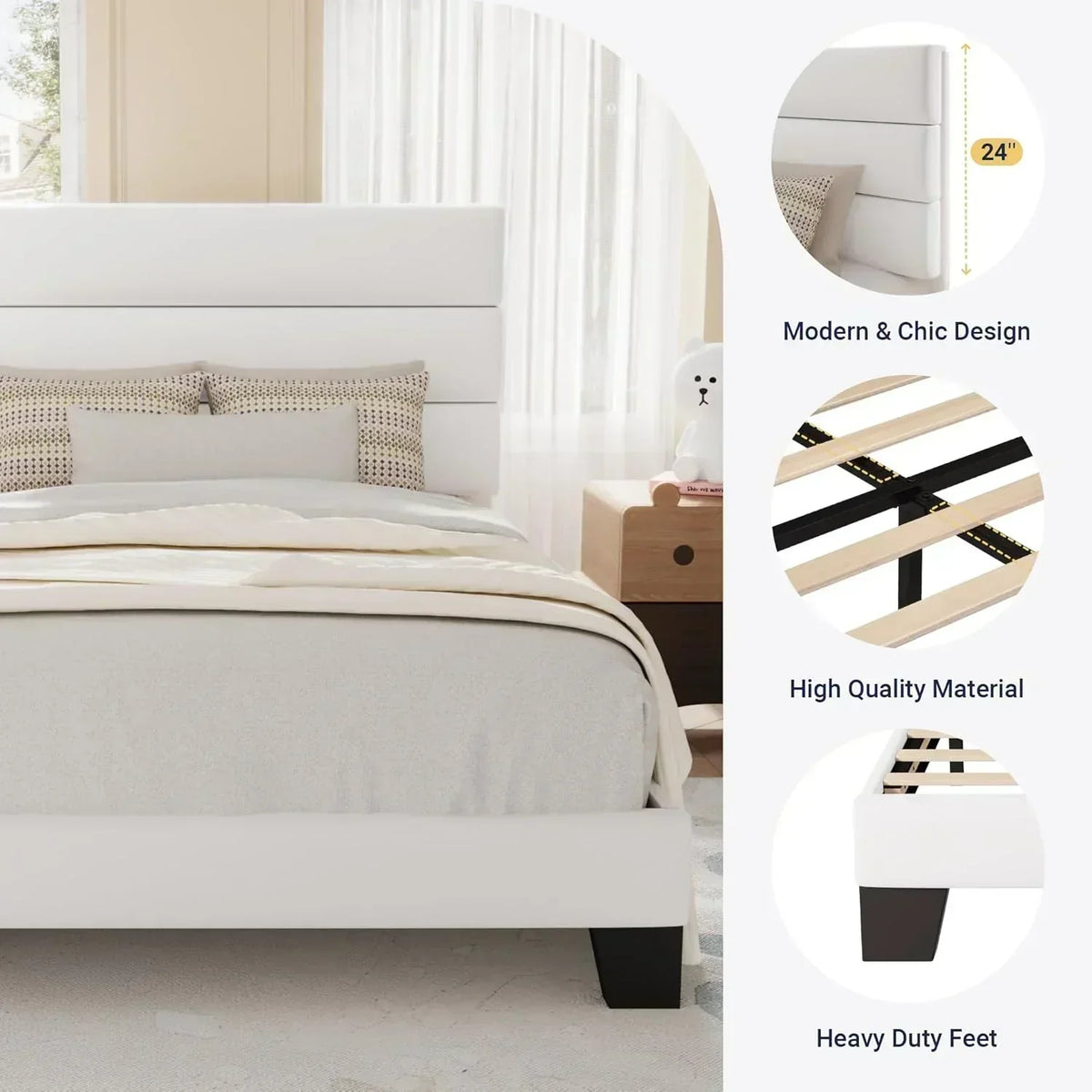 Allewie Queen Size Platform Bed Frame with Fabric Upholstered Headboard Wooden Slats Support