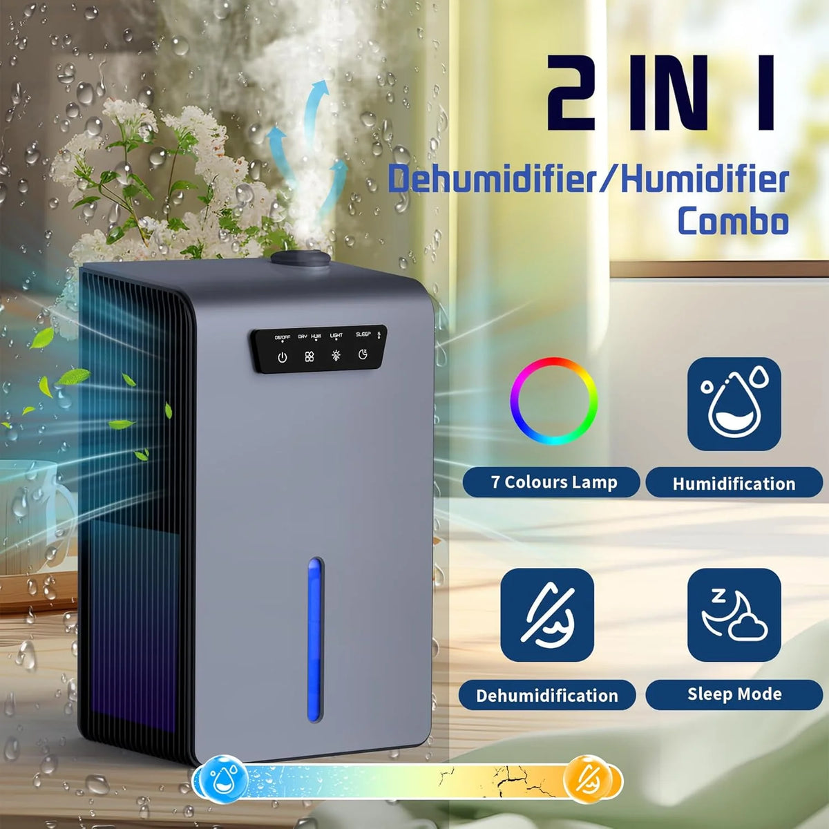 Dehumidifier,2 in 1 Humidifier Dehumidifier Combo,102 OZ Water Tank Dehumidifiers for Home Bedroom,Basement Bathroom,Auto Shut Off,Sleep Mode,7 Colors LED Light