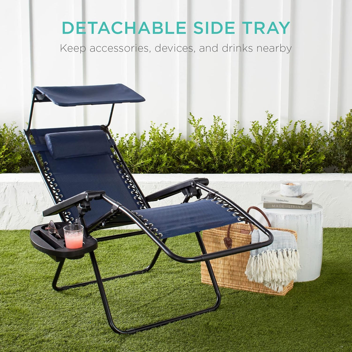 Best Choice Products Folding Zero Gravity Outdoor Recliner Patio Lounge Chair w/Adjustable Canopy Shade, Headrest, Side Accessory Tray, Textilene Mesh - Peacock Blue
