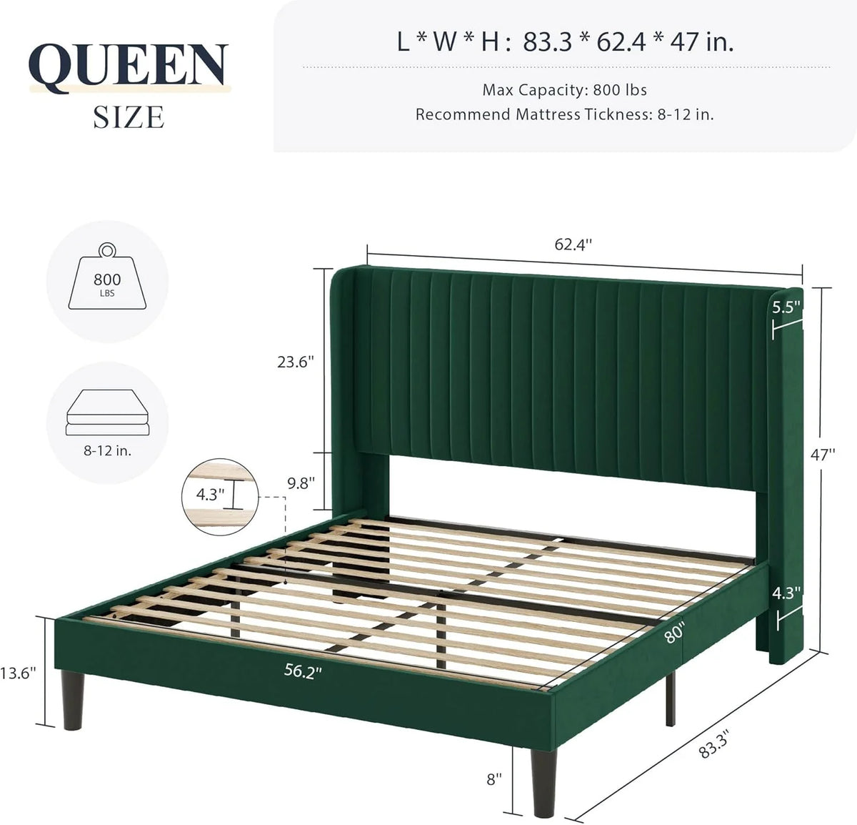 Allewie Full Size Velvet Bed Frame Vertical Channel Tufted Wingback Headboard Upholstered Bed