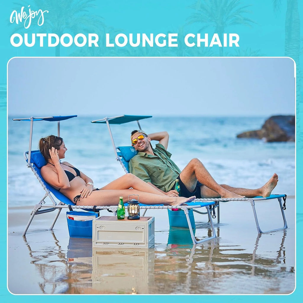 2 Pack Outdoor Chaise Lounge Chair - Portable Folding Patio Pool Lounge Chair, 5 Positions Adjustable Reclining Camping Chair with Side Table,Shoulder Strap, Pillow for Beach Sunbathing Lawn