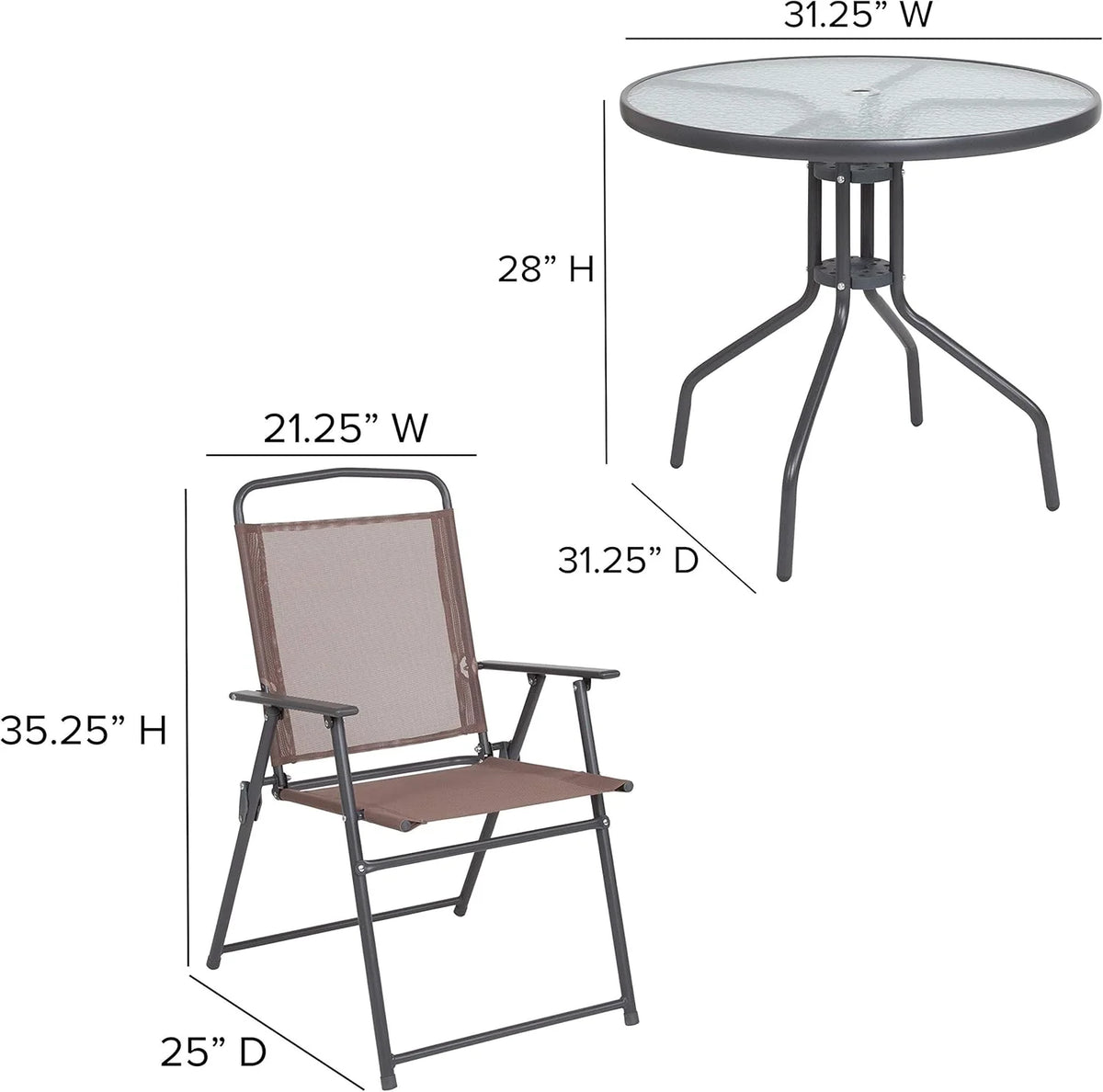 EMMA + OLIVER 6 Piece Brown Patio Garden Set with Umbrella Table and Set of 4 Folding Chairs