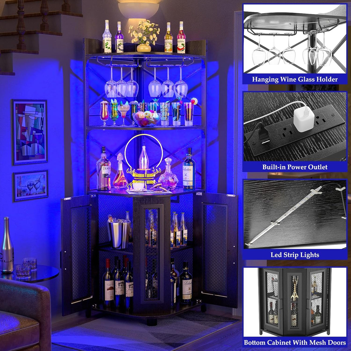 Corner bar cabinet with power socket, industrial style wine cabinet with LED light strip and glass rack, home five-layer wine cabinet bar unit, small space corner display cabinet