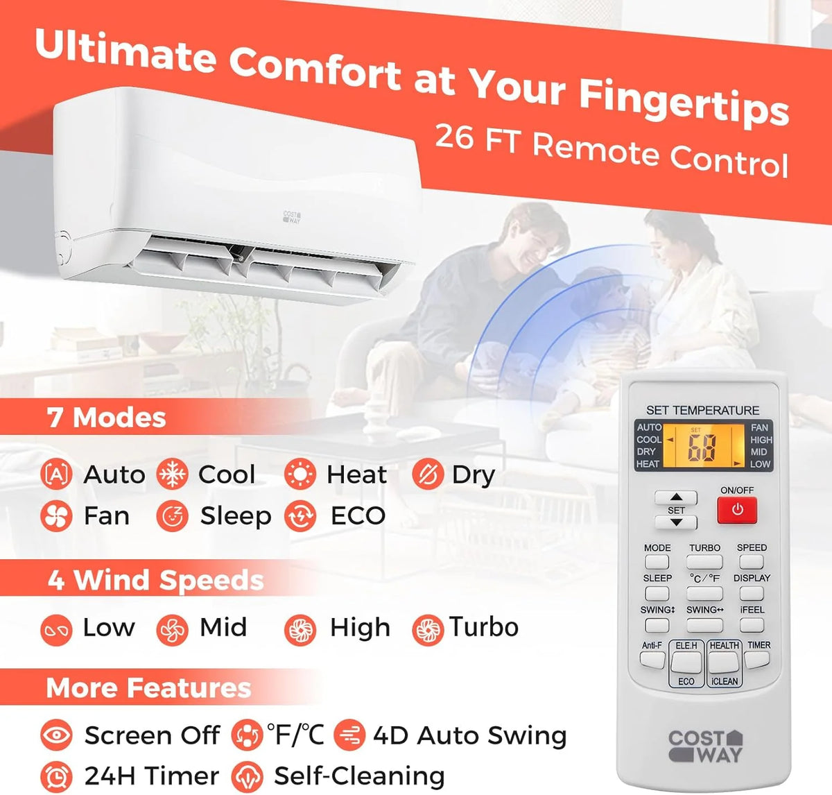 COSTWAY 12000BTU Mini Split Air Conditioner& Heater, 20 SEER2 115V Wall-Mounted Ductless AC Unit Cools Rooms up to 750 Sq. Ft, Energy Efficient Inverter AC with Heat Pump (Blast Series)