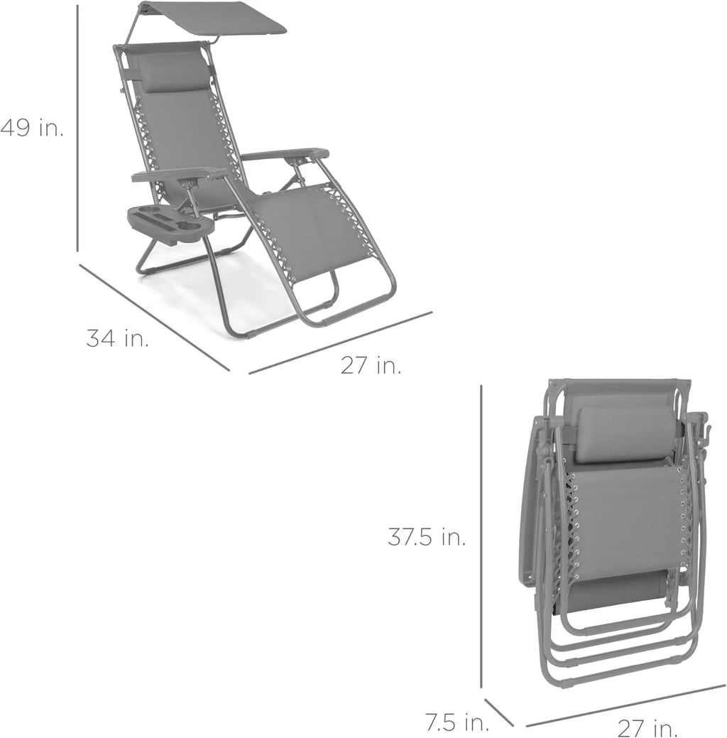 Best Choice Products Folding Zero Gravity Outdoor Recliner Patio Lounge Chair w/Adjustable Canopy Shade, Headrest, Side Accessory Tray, Textilene Mesh - Peacock Blue
