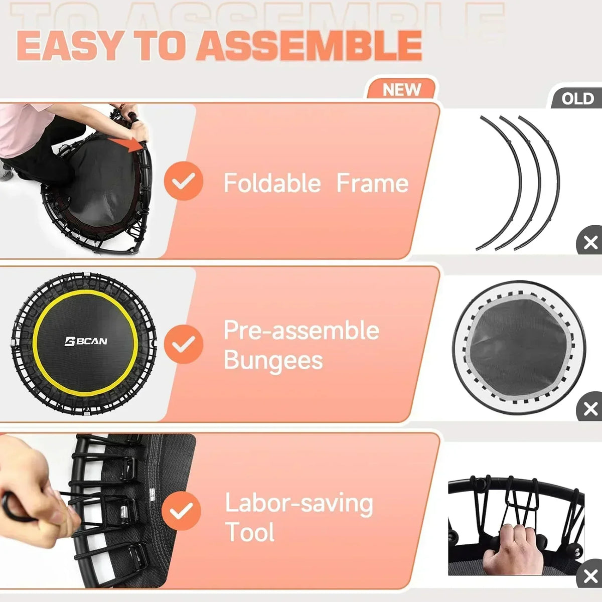 BCAN 450/550 LBS Foldable Mini Trampoline Fitness Trampoline Bungees Adjustable Foam Handle