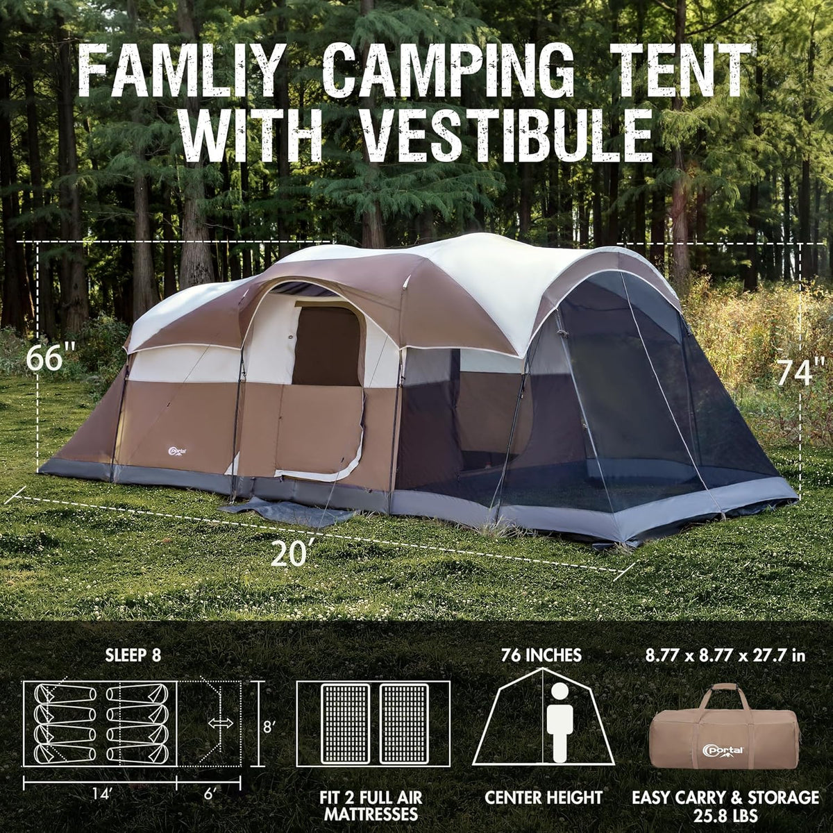 PORTAL 6/8/10 Person Family Camping Tent with Screen Room, Water Resistant Big Tunnel Tent with Rainfly, Large Family Tent for Outdoor Camping, Party