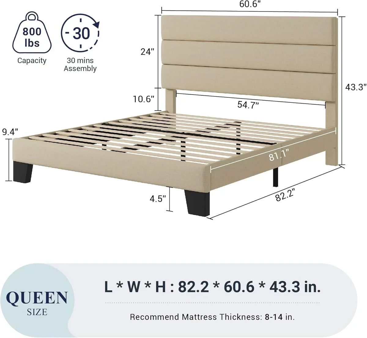 Allewie Queen Size Platform Bed Frame with Fabric Upholstered Headboard Wooden Slats Support