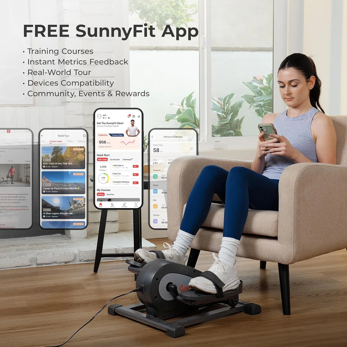 Sunny Health & Fitness Smart Mini Elliptical Trainer Indoor Under-Desk Pedal Exerciser for Seniors