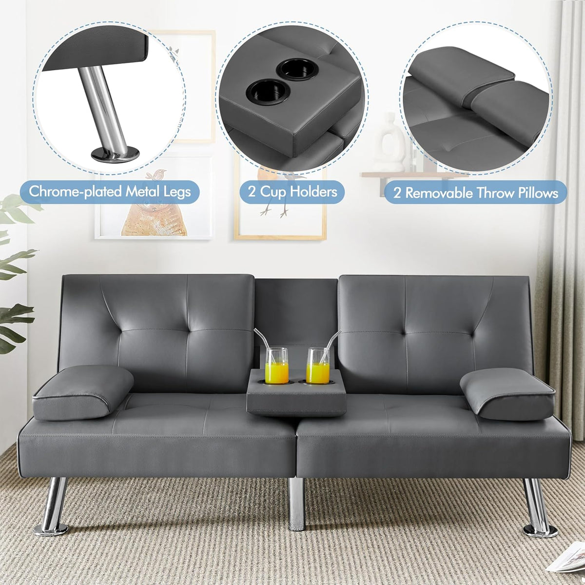 Yaheetech Convertible Sofa Bed Adjustable Couch Sleeper Modern Faux Leather Home Recliner Reversible Loveseat Folding Daybed Guest Bed, Removable Armrests, Cup Holders, 3 Angles, 772lb Capacity, Brown