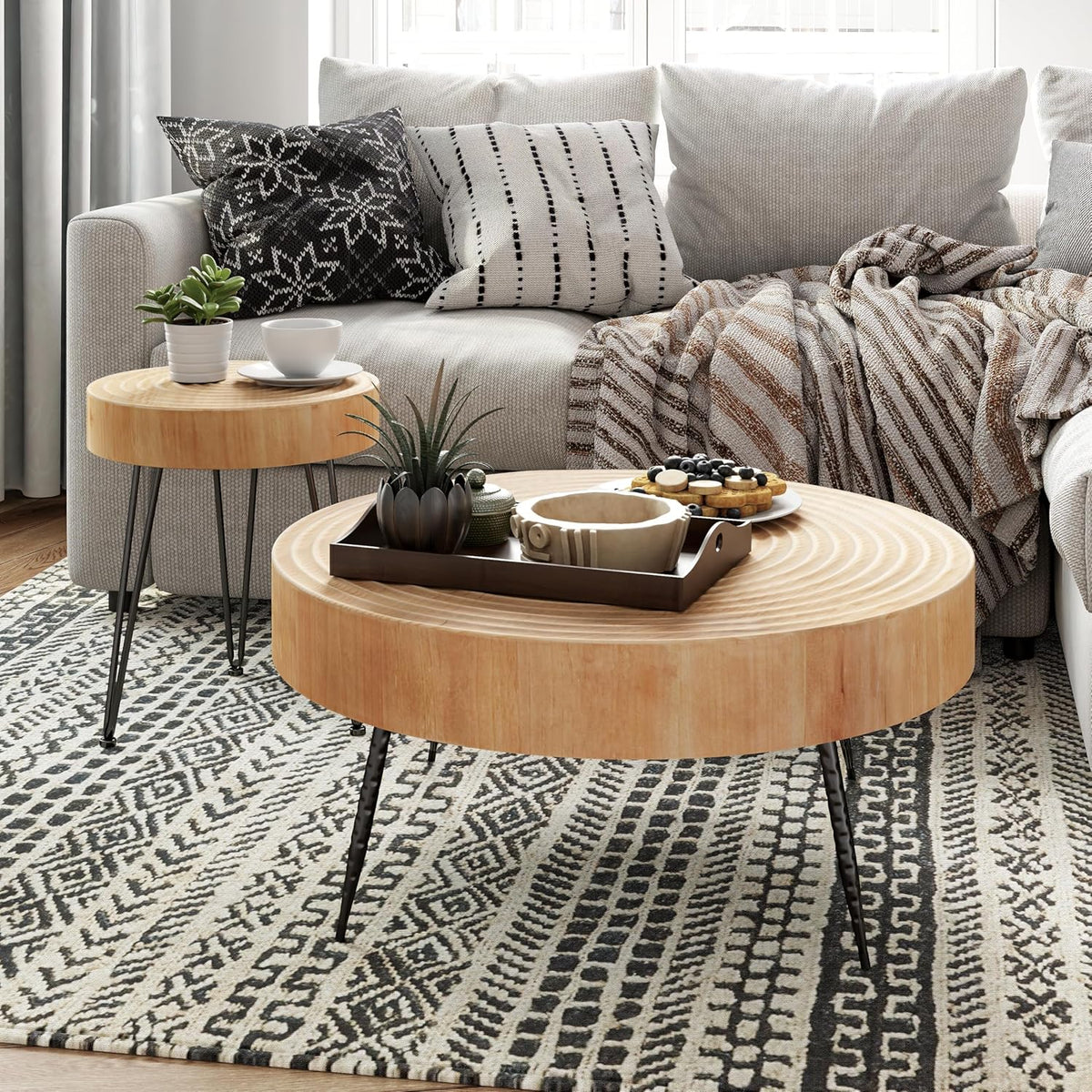 Two-Piece Modern Farmhouse Living Room Coffee Table Set Round Nesting Tables