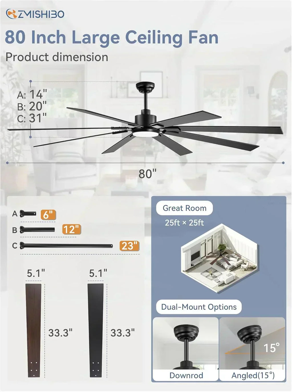 Zmishibo 72-inch large ceiling fan with lighting and remote indoor/outdoor