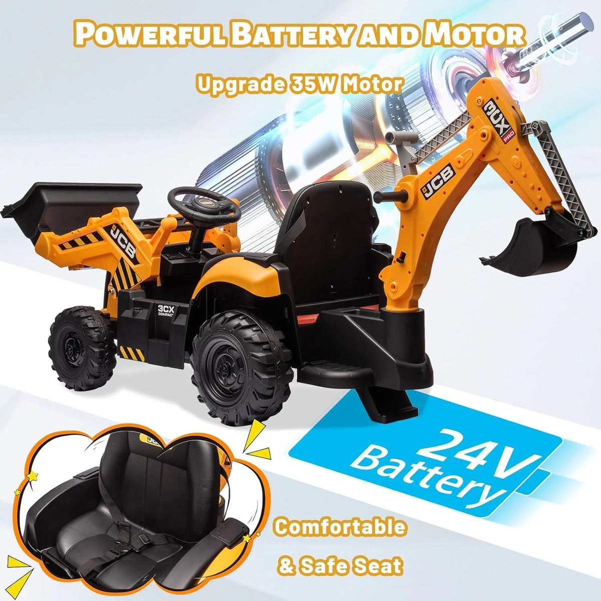 12V JCB Ride On Excavator, Ride on Toys for Kids 4-8, Electric Car for Kids with Tractor, Bulldozer, Digging Arm, Backhoe Toy Car with Slow Start/Stop, Adjustable Speeds