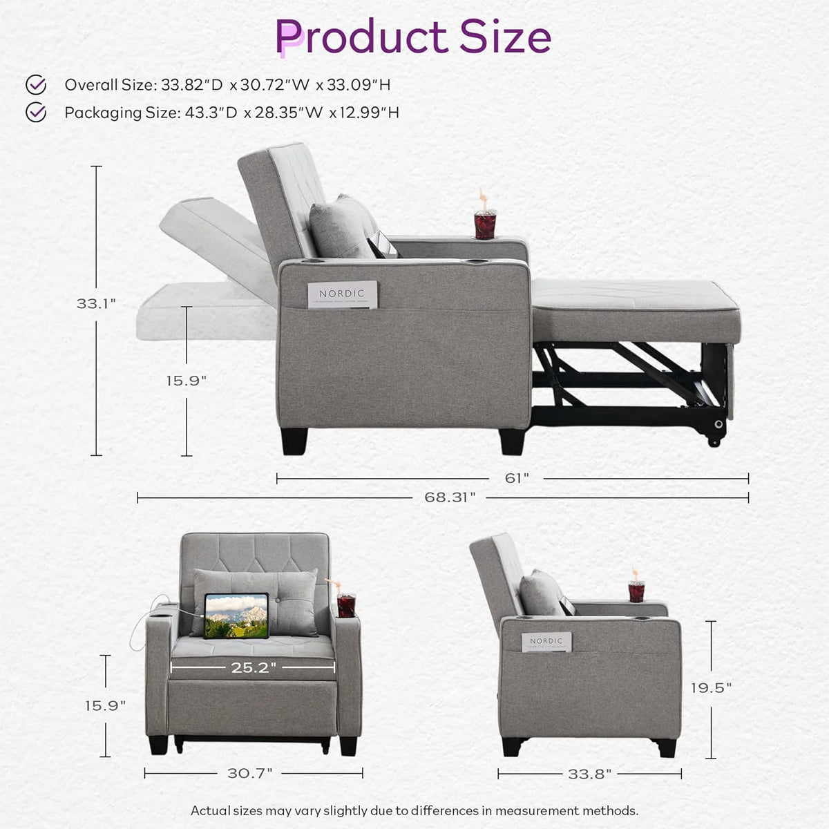 Adult Convertible Sleeper Chair Bed, 3-in-1 Pull-Out Sofa Bed with USB/Type-C Ports, Cup Holders, Side Pockets, Single Sofa