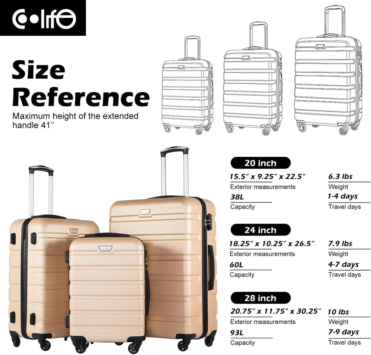 Coolife Luggage 3 Piece Set Suitcase Spinner Hardshell Lightweight TSA Lock