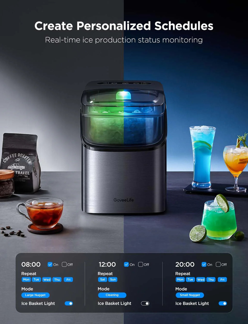 GoveeLife Smart Ice Maker Countertop, Portable Ice Machine with Voice Control, 9 Ice Cubes in 6 Minutes 3 Sizes, 26lbs/24Hrs, Self Cleaning RGB Lights, Quiet Ice Maker with Scoop for Kitchen Black