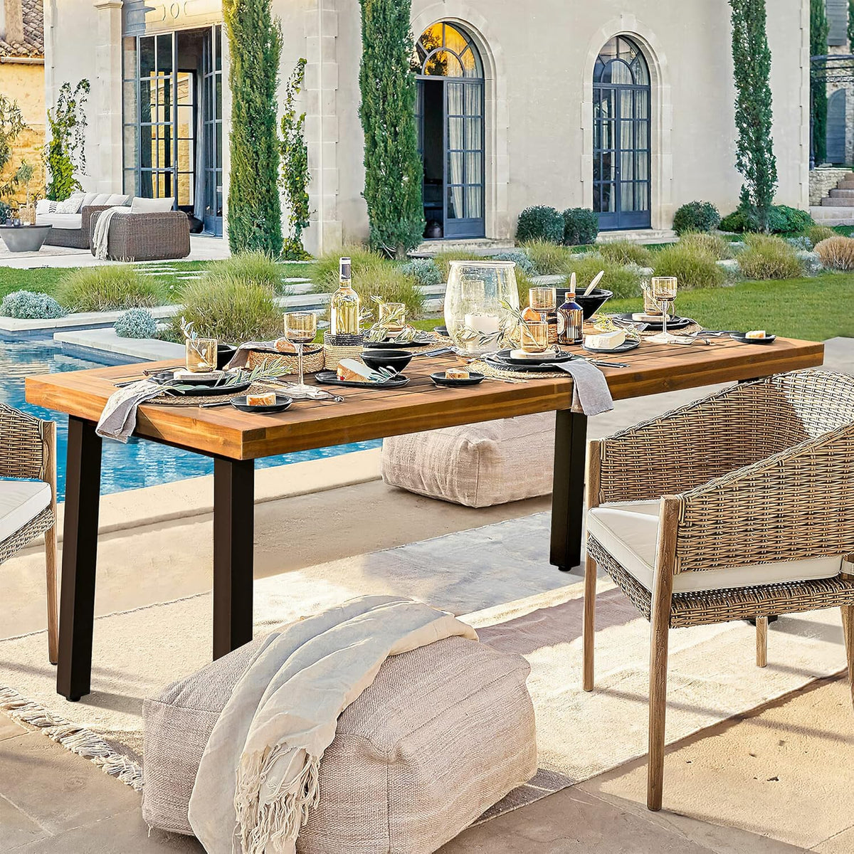 Devoko Home Acacia Wood Dining Table 6-Person Indoor Outdoor Table with Iron Legs, Sandblast Finish, Natural Stained, Rustic Metal, 69 * 33 * 30 inch (Natural)