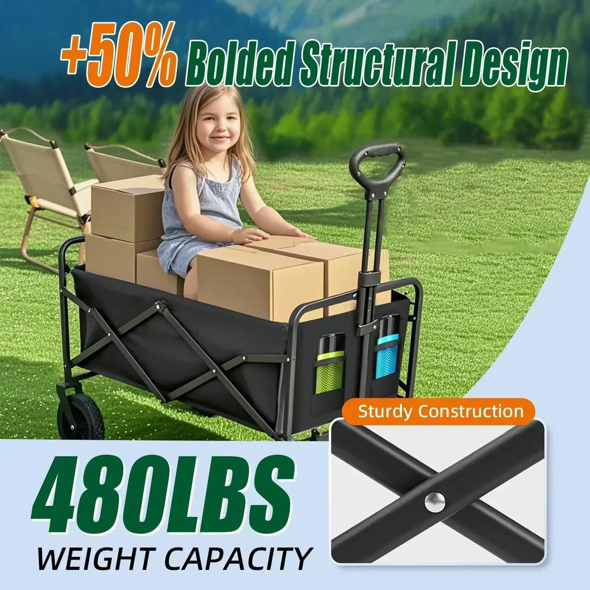 Foldable 4-wheel cart foldable 37 inches long 480 lb capacity heavy-duty beach cart