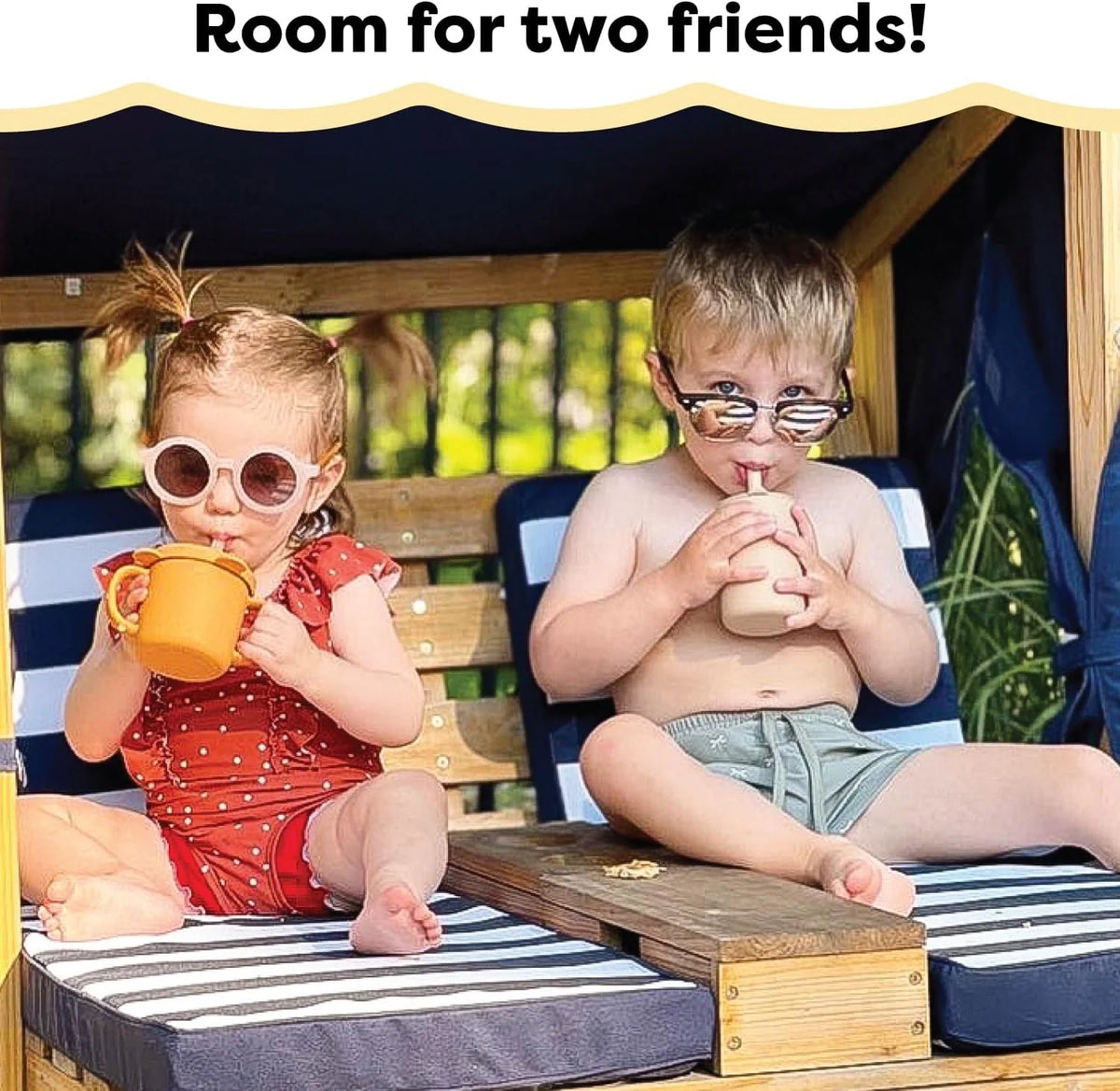 KidKraft Wooden Outdoor Double Chaise Lounge with Cup Holders, Kid's Patio Furniture, Honey with Navy and White Striped Fabric, Gift for Ages 3-8
