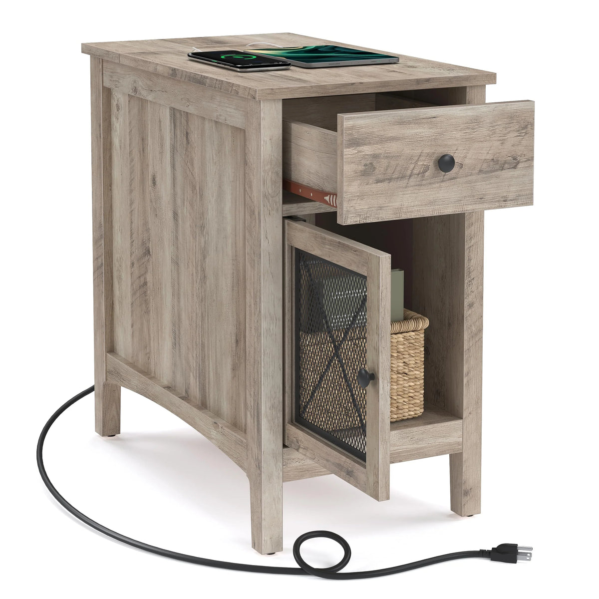 Side Table with Storage End Table with USB Ports and Outlets Nightstand with Charging Station