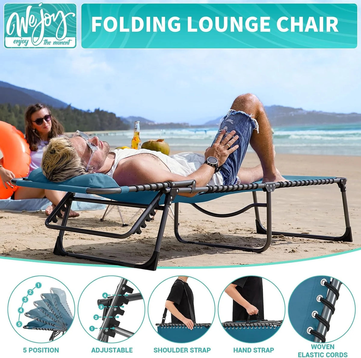 2 Pack Outdoor Chaise Lounge Chair - Portable Folding Patio Pool Lounge Chair, 5 Positions Adjustable Reclining Camping Chair with Side Table,Shoulder Strap, Pillow for Beach Sunbathing Lawn