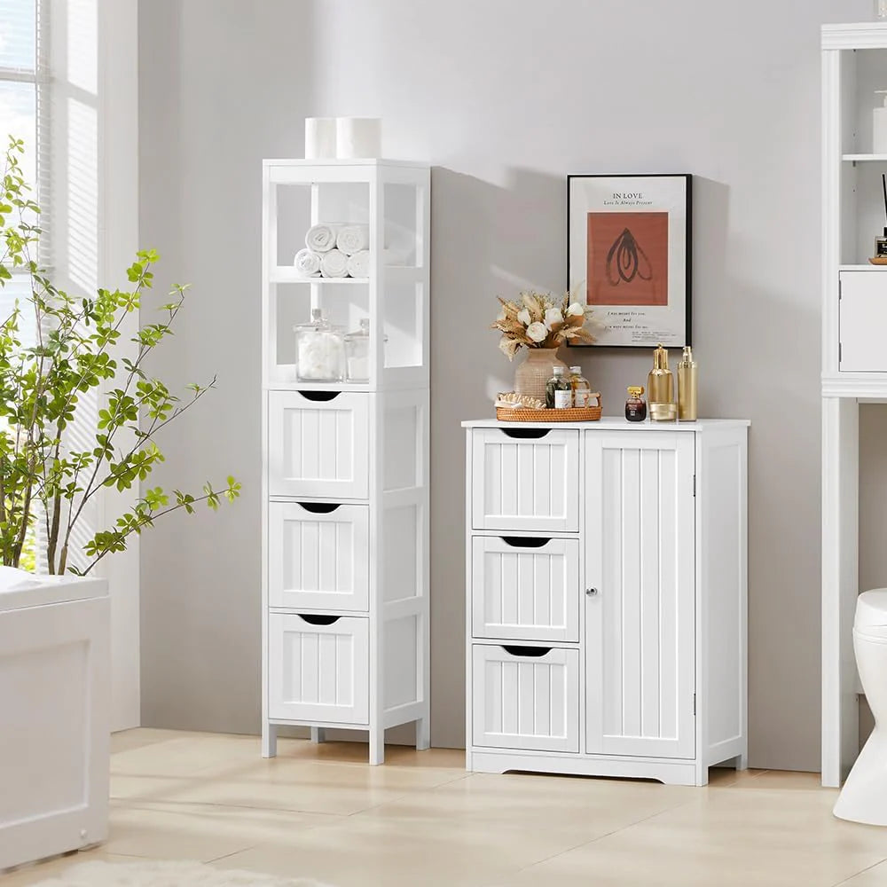Bathroom Floor Cabinet, Wooden Storage Cabinet with 2 Drawers, Multifunctional Side Organizer Rack Stand Table